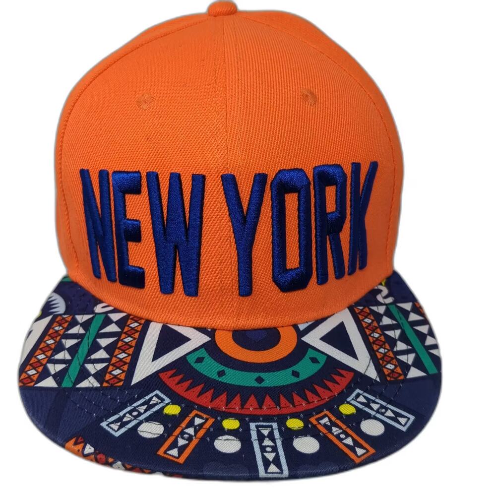 T&T Snapback Orange Blue Hat OS New York City Embroidered Geometric Pattern Brim